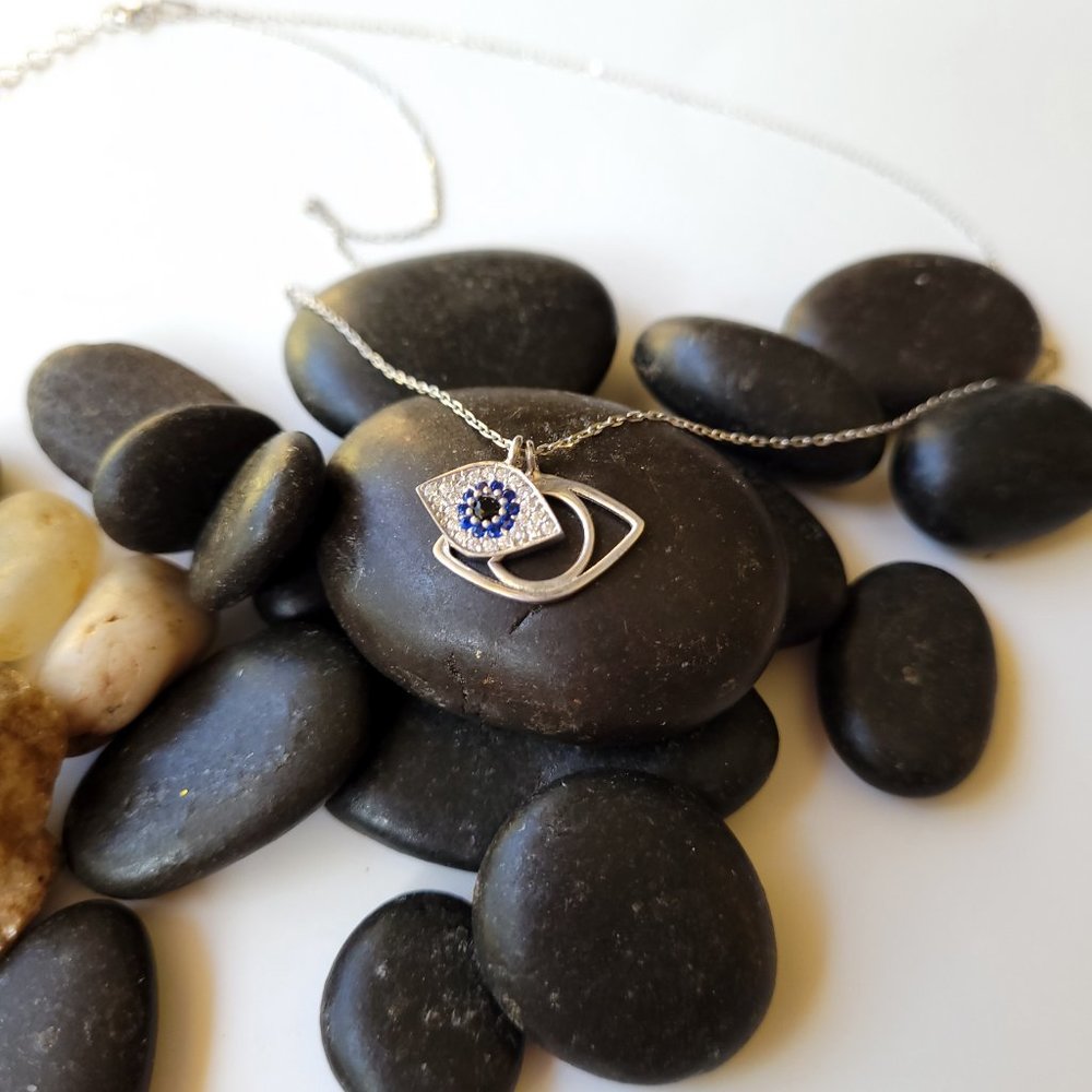 Evil Eye Pendant Blue/white CZ on silver necklace
